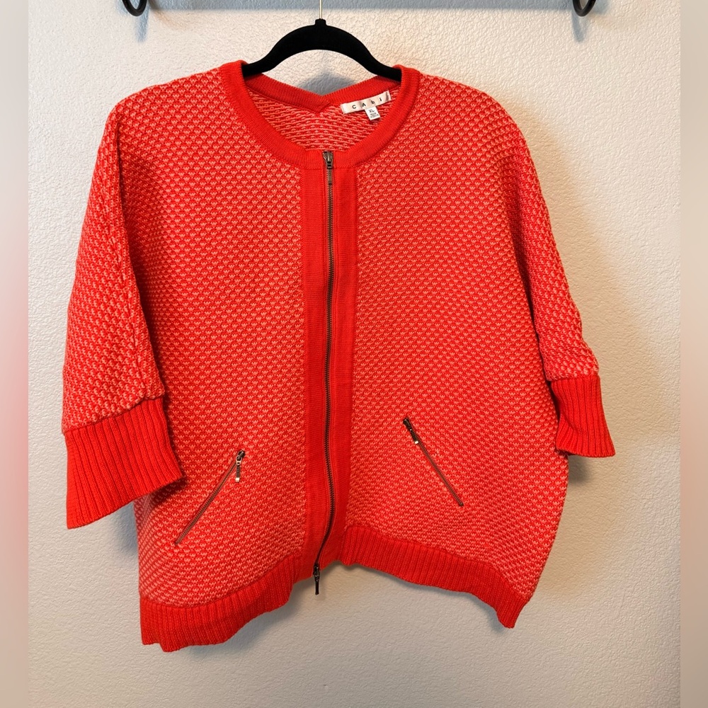 CAbi Red Textured Cardigan with Zipper Pockets